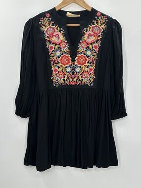 Savanna Jane Women Embroidered Top Size Small Black Multicolored Boho Western